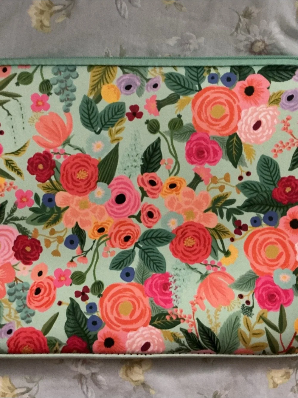 Floral Laptop Sleeve in Mint with Coral & Pink Blooms